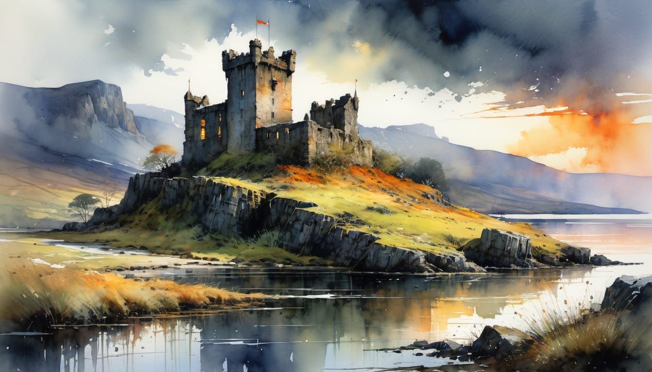 Rustic Watercolor Castle by a Scottish Loch at Sunset