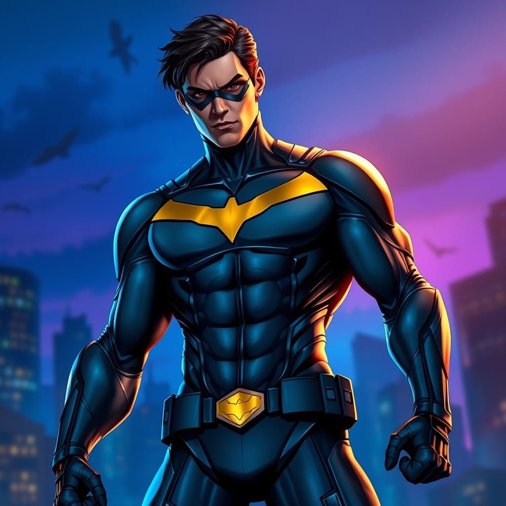 Nightwing Leaping into Action in a Hyperrealistic Cityscape