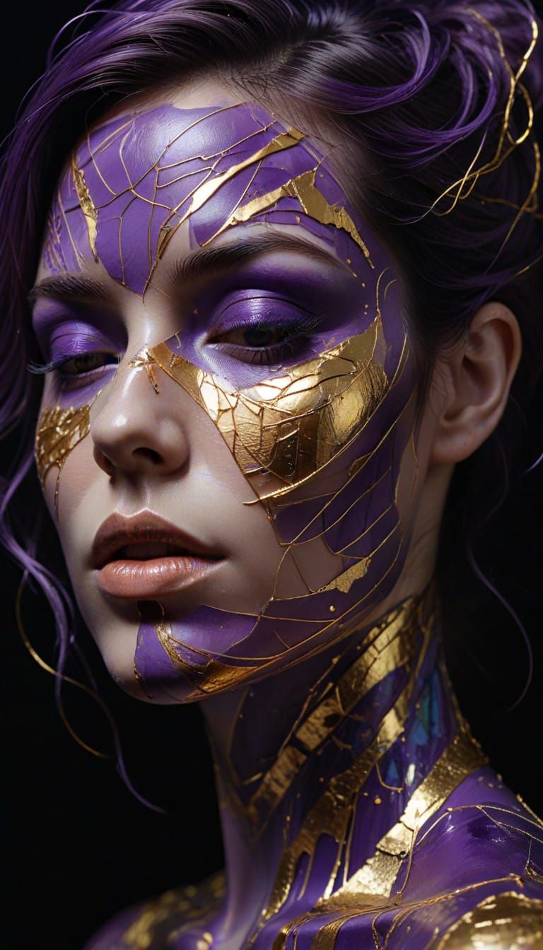 Stylized Portrait of a Woman in Deep Purple and Gold