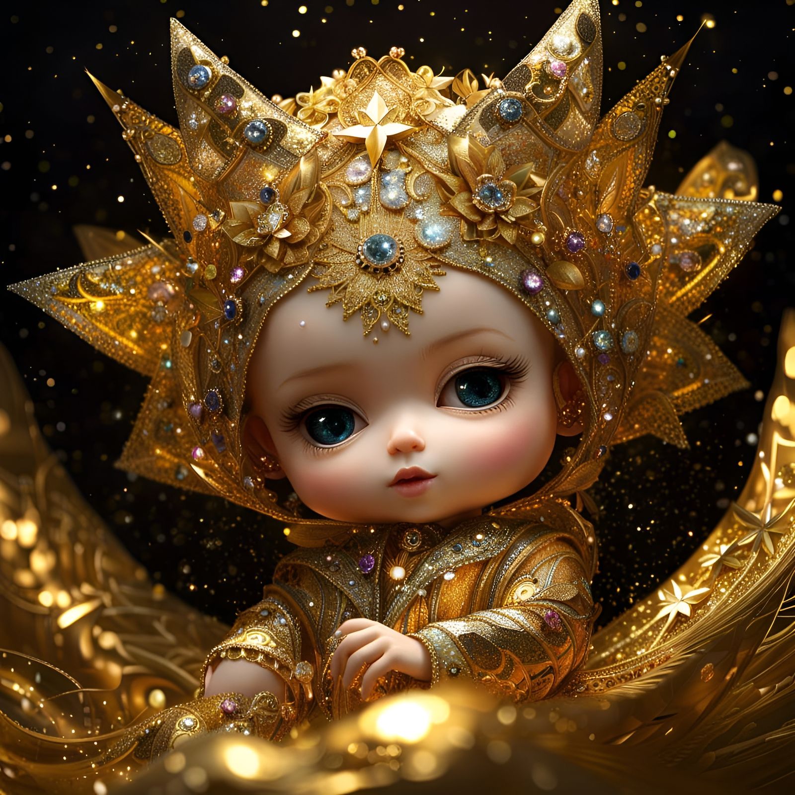 Adorable Baby in Gold Crystal Star Helmet