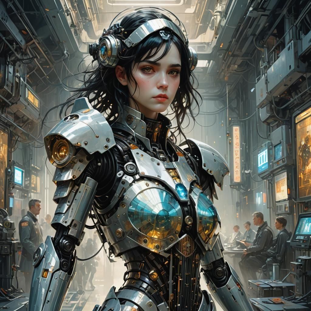 Angel cyborg in a futuristic robot shop