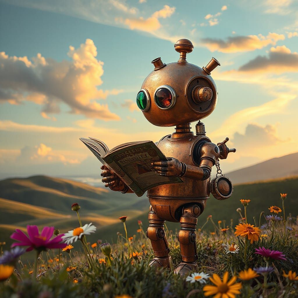 Steampunk Robot Reads Comic Book in Dreamy Landscape