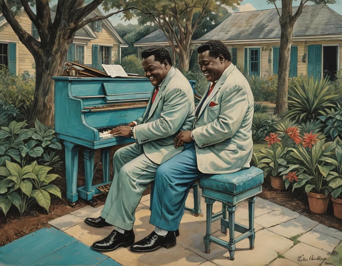 the  domino brothers playing piano in the backyard of their new orleans house