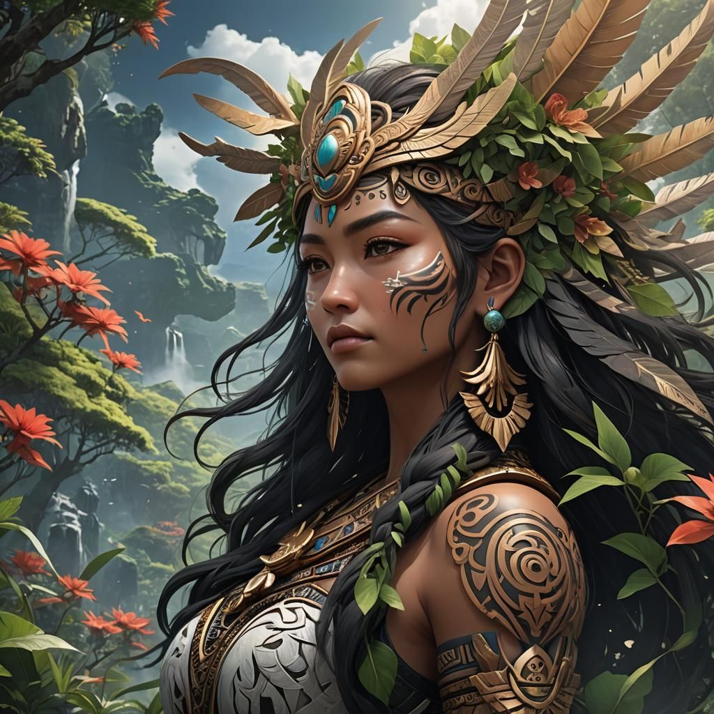 Maori Sky God Whispering to Mother Nature in 3D Anime Art