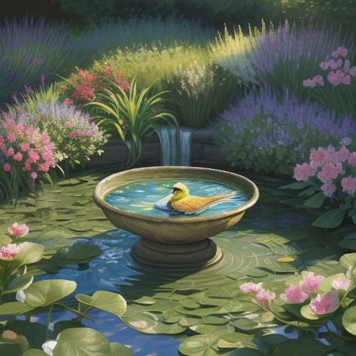Bird Bath in Impressionist Garden: Digital Art