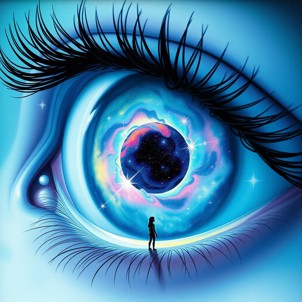 Teal Eye Reflecting a Universe in Dreamy Digital Art