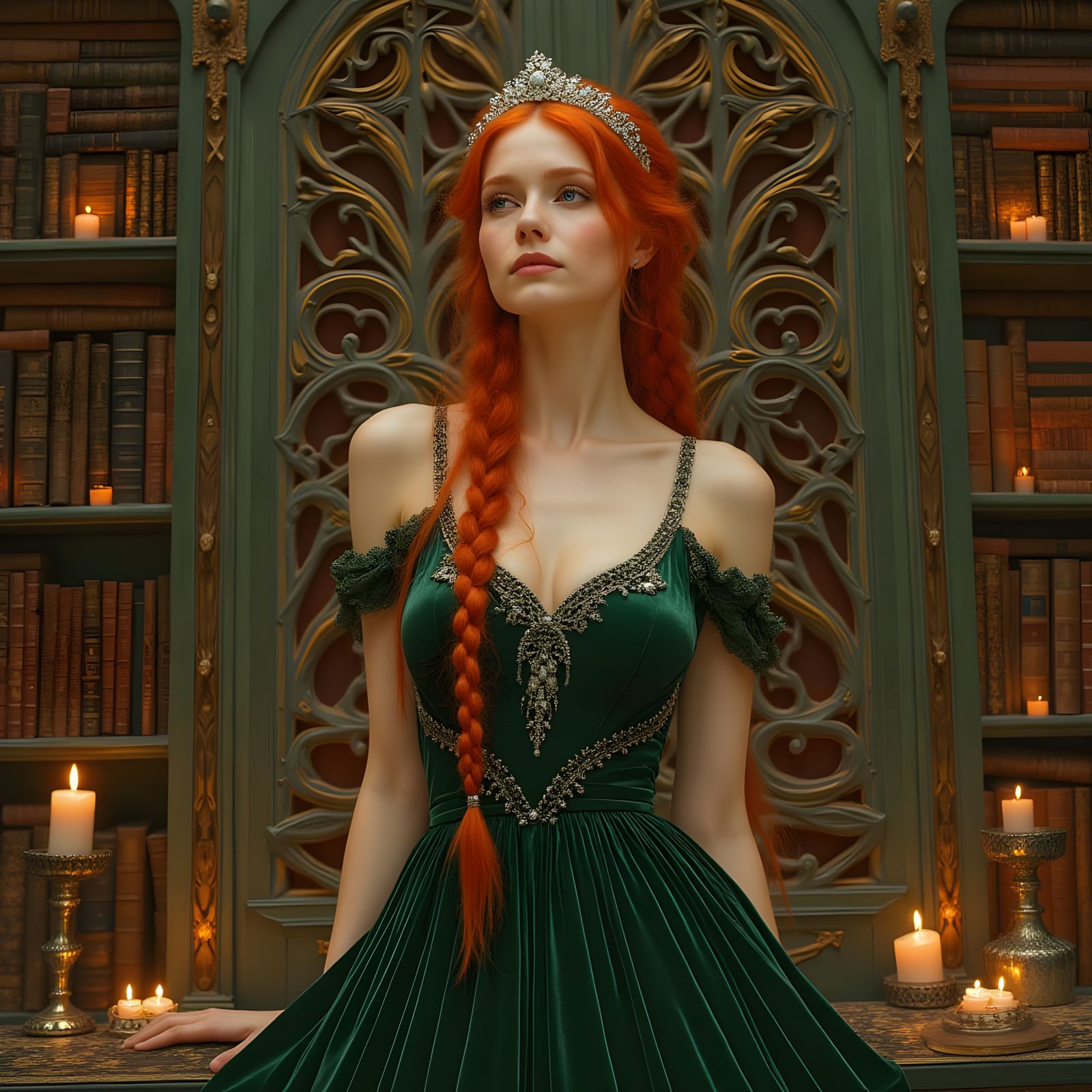 Red-Haired Woman in Grand Library, Art Nouveau Style