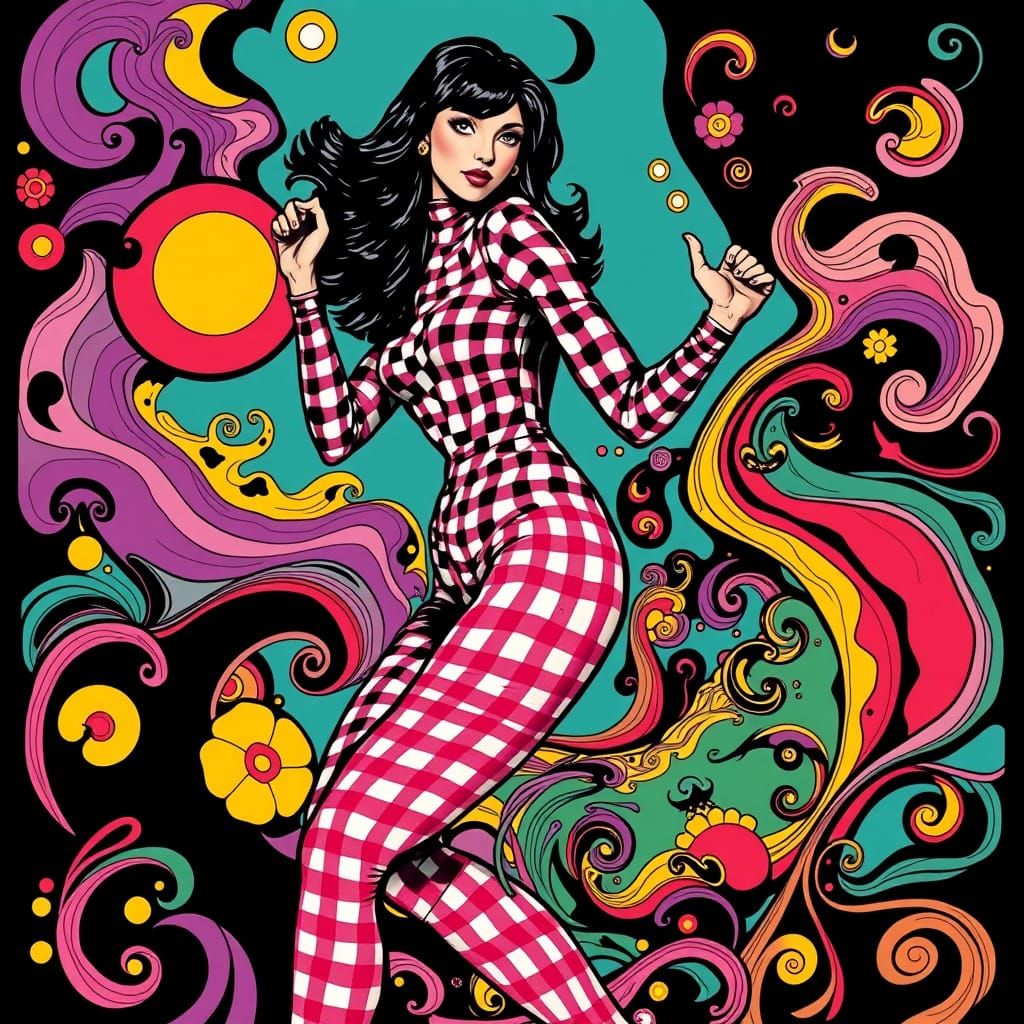 Psychedelic Gingham Goddess in Dynamic Stance