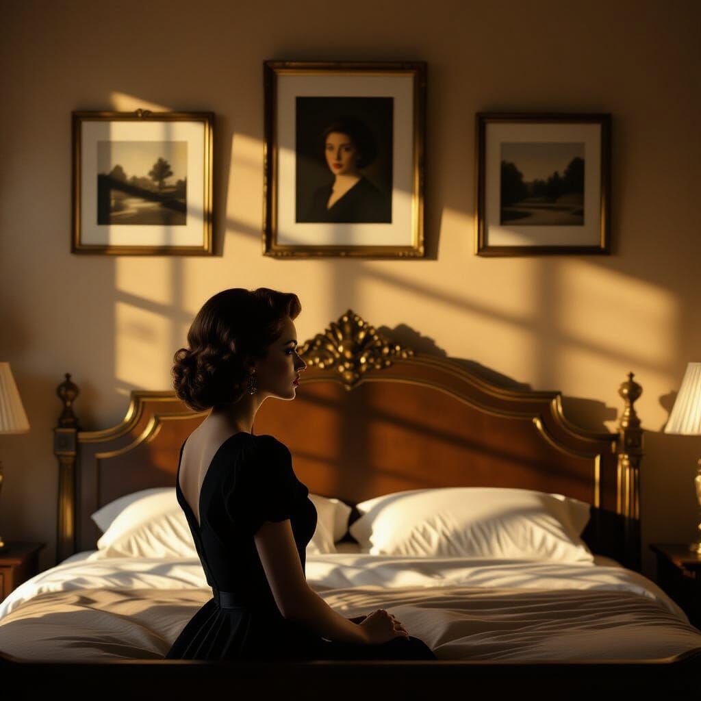 Woman Gazes at Wall Art Above Ornate Brass Bed