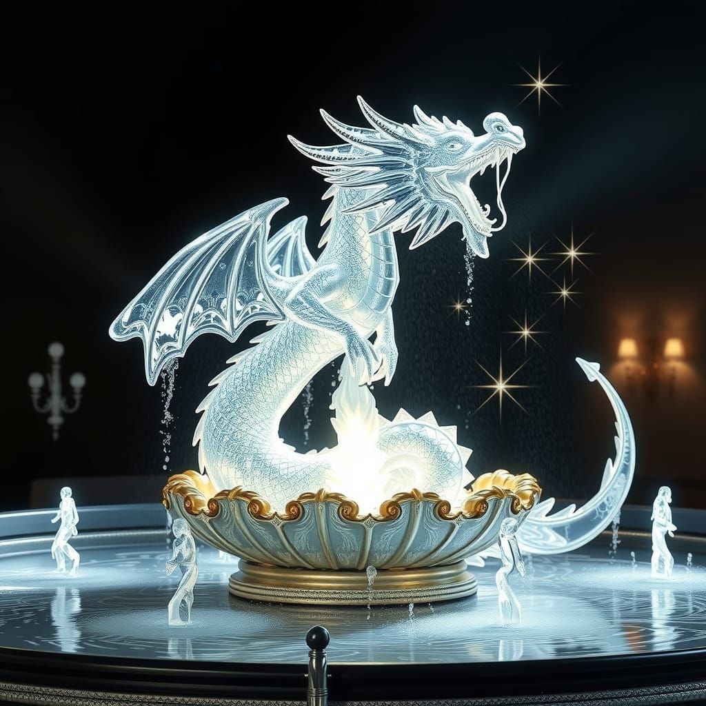 Crystal Dragon Fountain in Hyperrealistic Detail