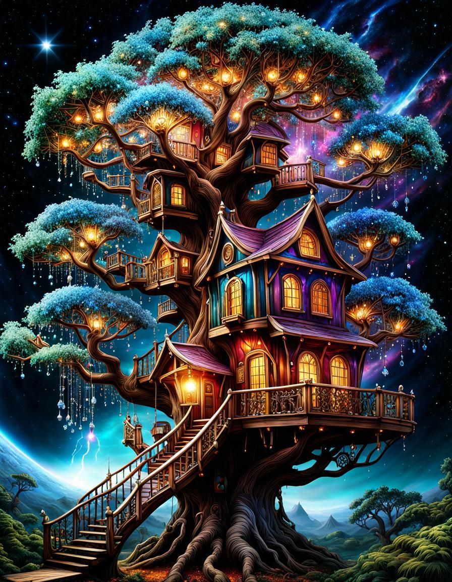 Magic Treehouse in Space with Luminous Crystals