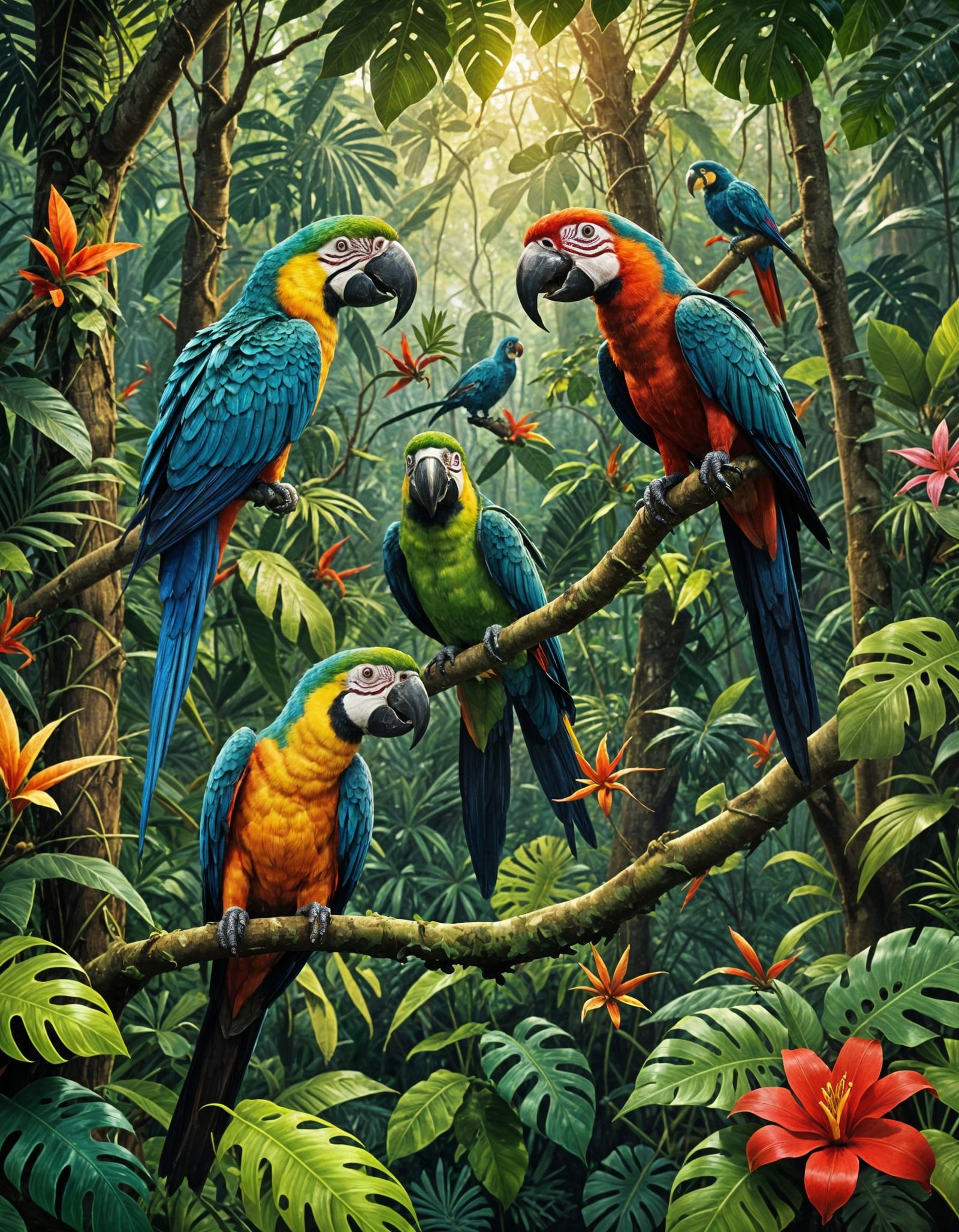 Vibrant Rainforest Canopy with Exotic Birds