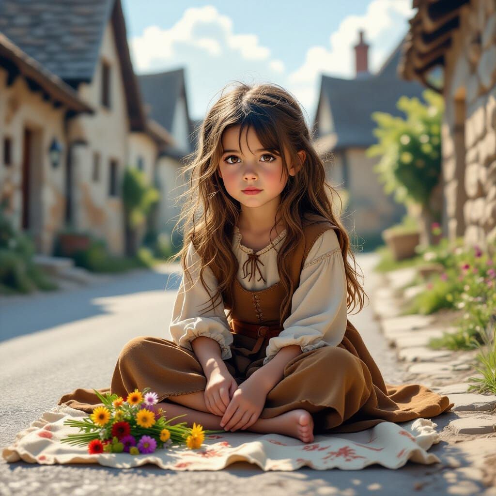 Orphan Girl Sells Flowers in Medieval Village