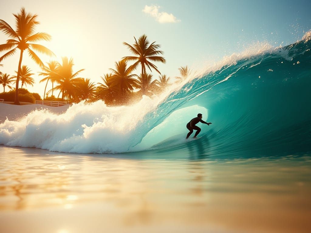 Sleek Surfer Rides Epic Wave in Tropical Paradise