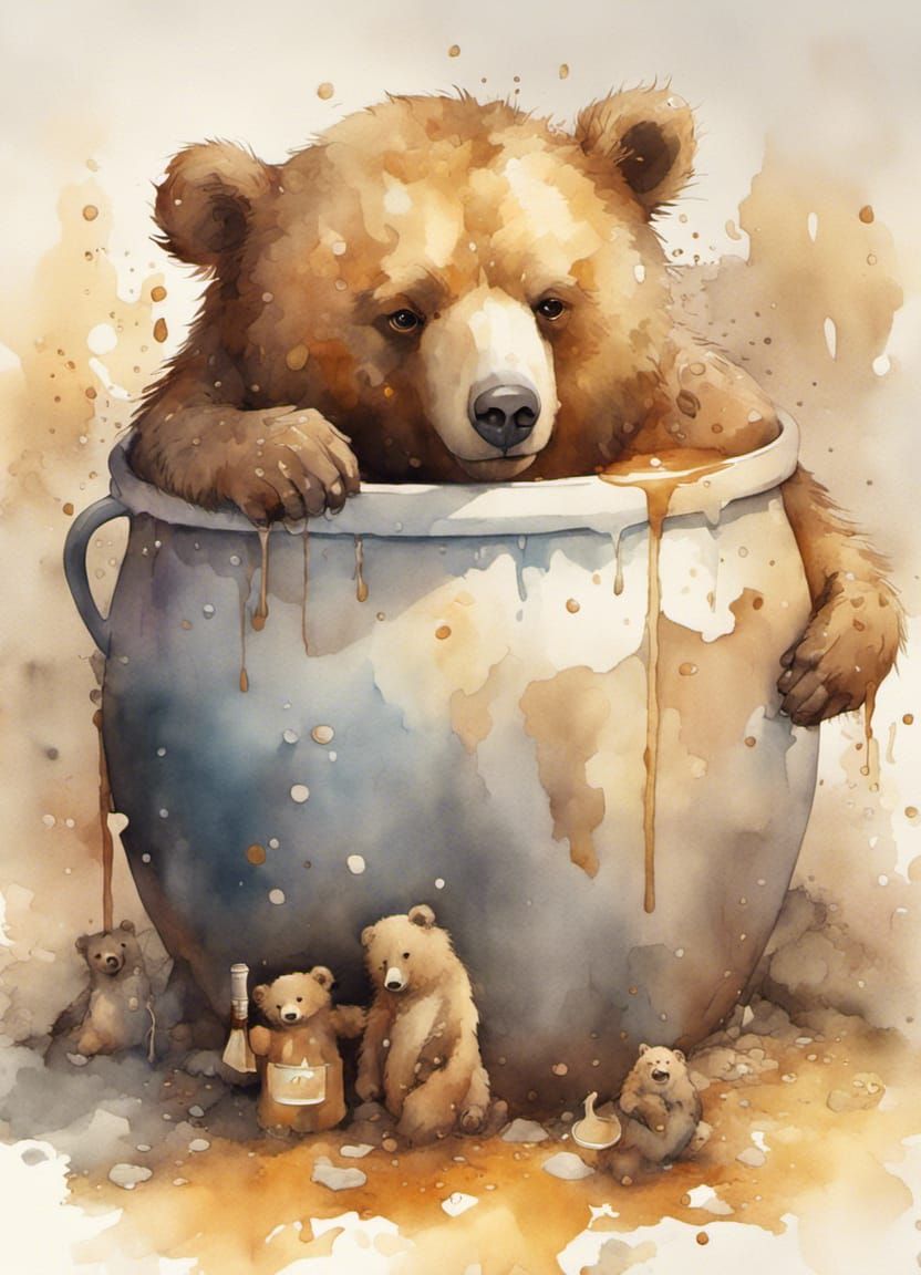 Momma Bear & tiny babies in a pot o' honey