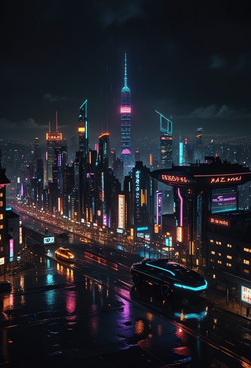 Cyberpunk Metropolis at Night With Neon Skyscrapers & Flying...