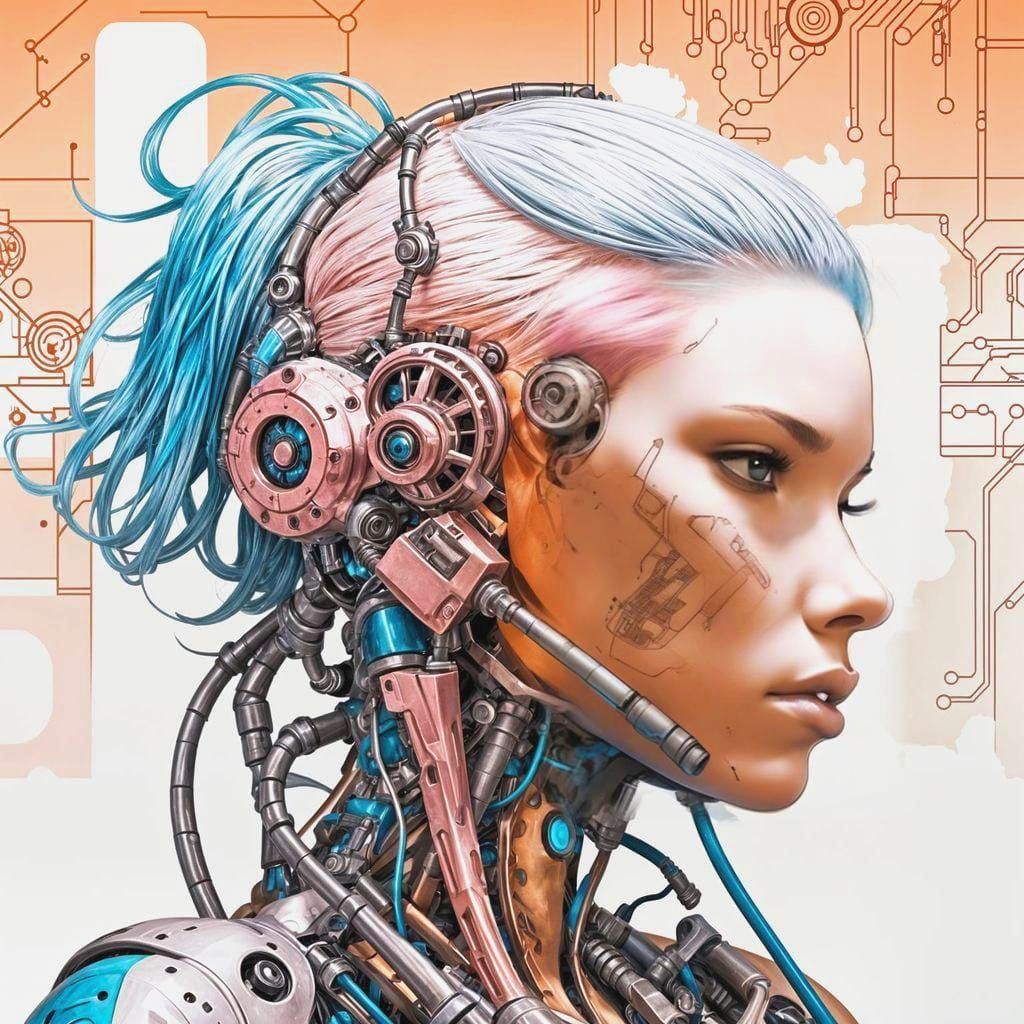 Mechanical Humanoid with Schematic Background as Comic Art