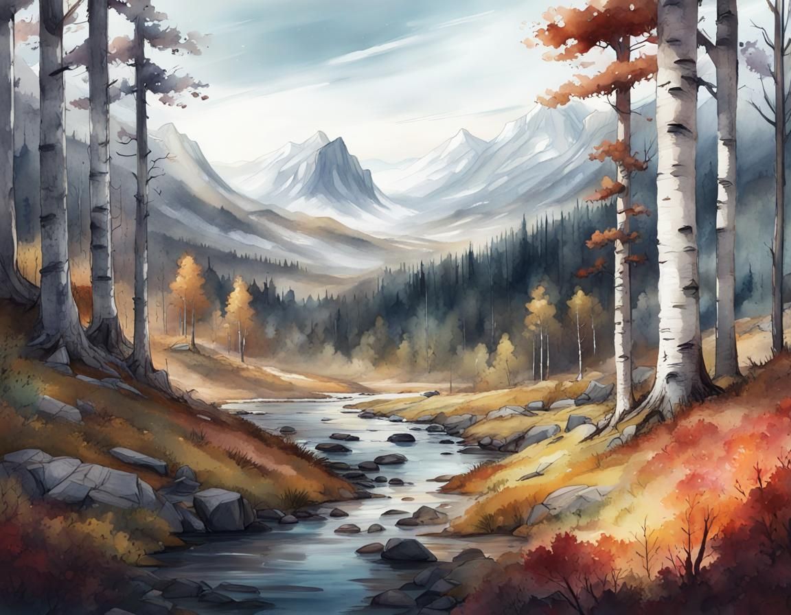 Scandinavian Mountain Landscape in Watercolor