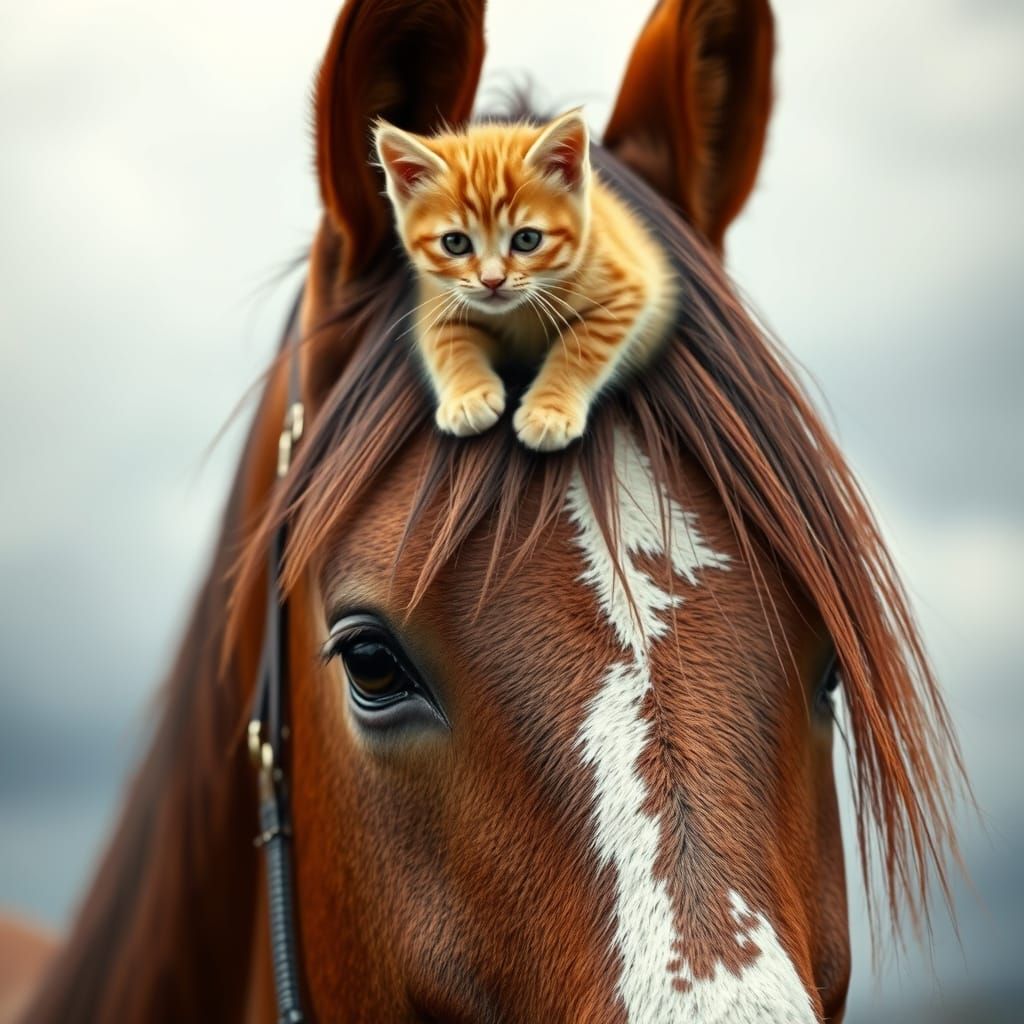 Baby Kitten on Clydesdale Horse, Surreal Photorealism
