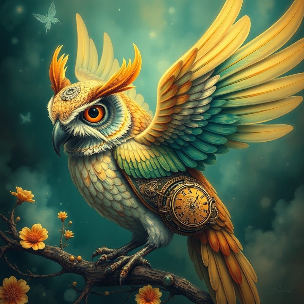 Clockwork Owl in Steampunk Fantasy Style