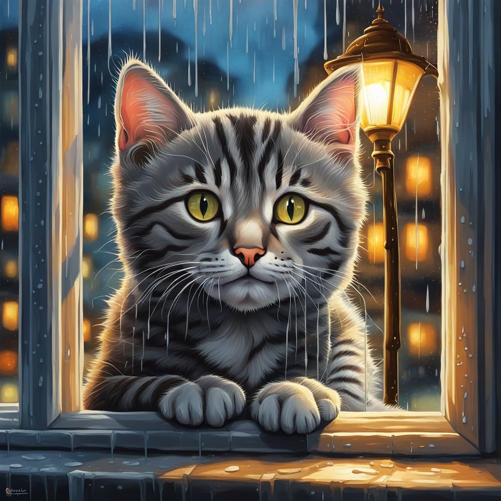Gray Tabby Kitten Looks Out Window on Rainy Night