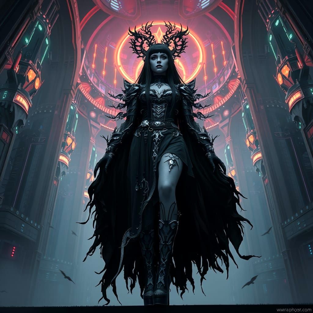 Cybernetic Gothic Priestess in Dark Fantasy Style
