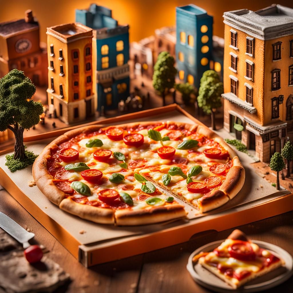 Steaming Pizza in Box with Miniature Buildings