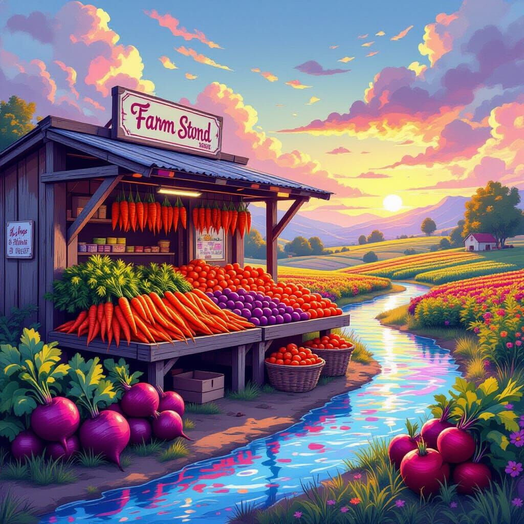 Surreal Farm Stand in Dreamlike Landscape