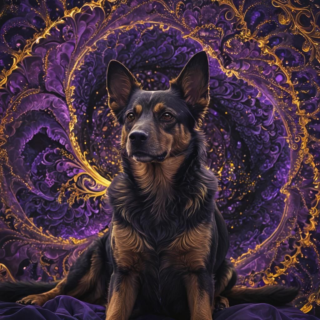 Dog in Neon Fractal Vortex: 8K Digital Art
