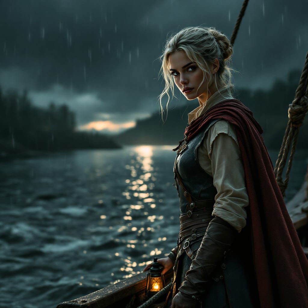 River Pilot Navigating Stormy Waters by Lantern Light