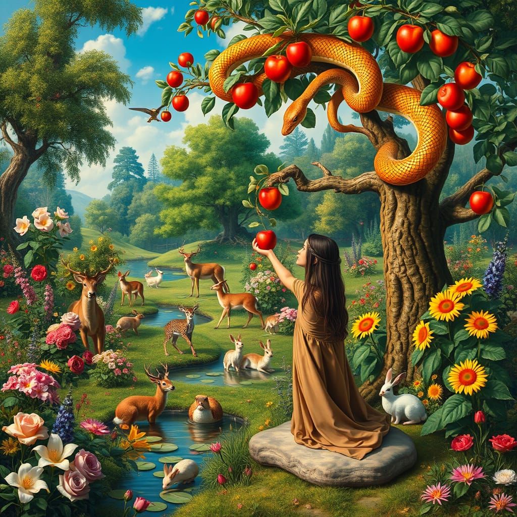 Vibrant Garden of Eden with Diverse Flora and Fauna in Whims...