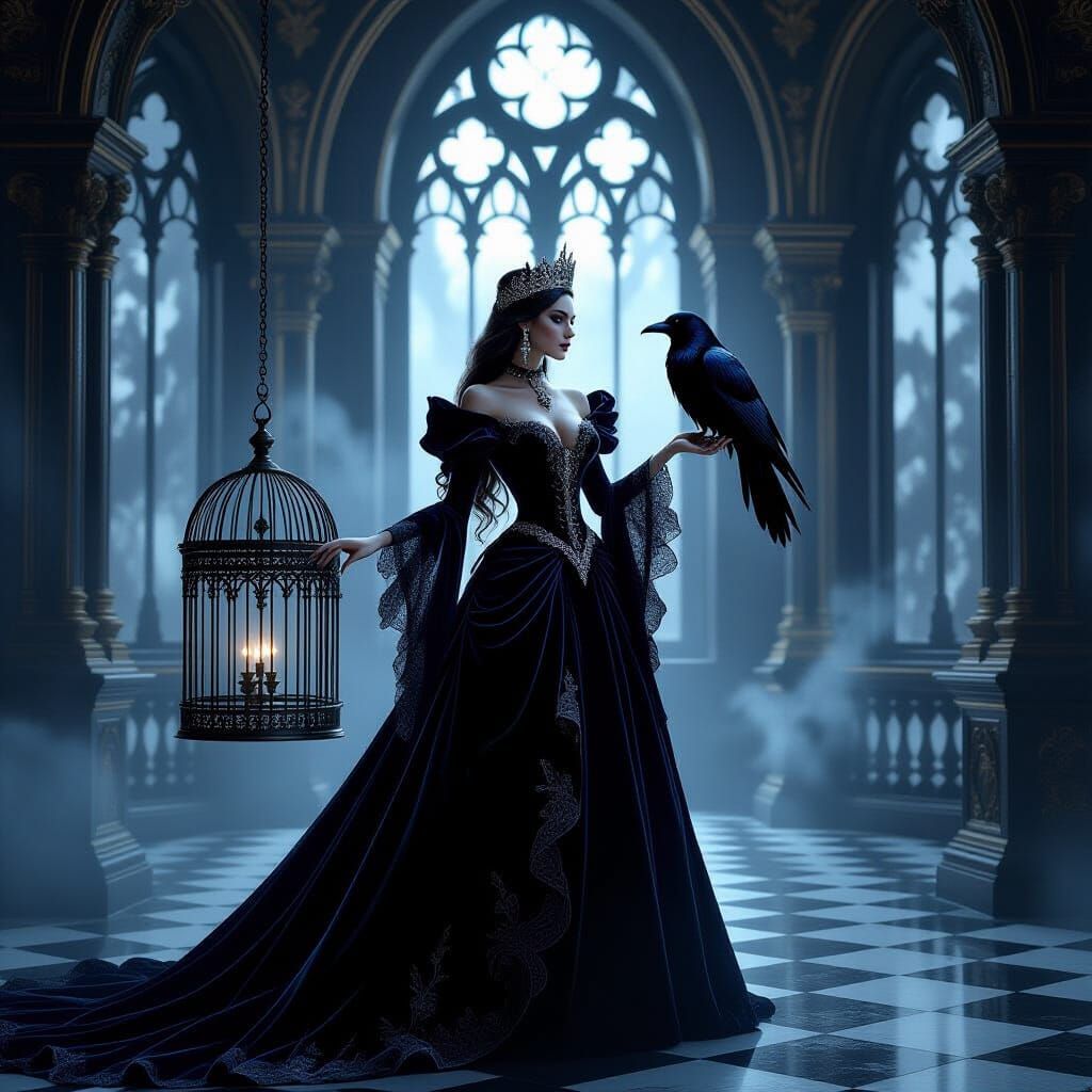 Gothic Queen in Spectral Ballroom, Dark Fantasy Art