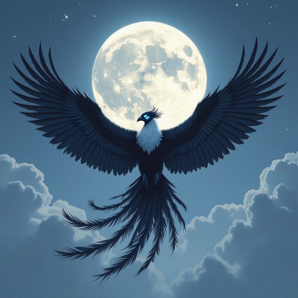 Monochrome Phoenix Blocks Moon in Dramatic Flight