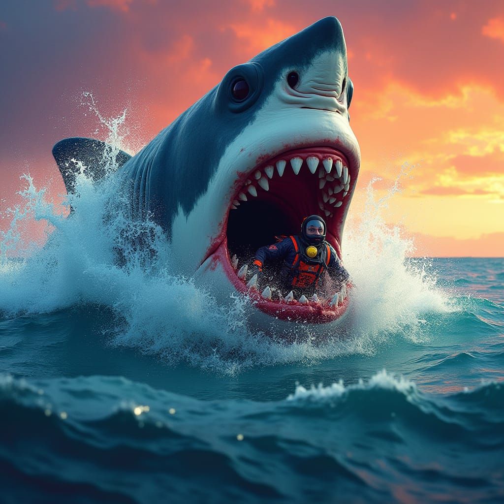 Great White Shark Attack: Hyper-Detailed Matte Painting