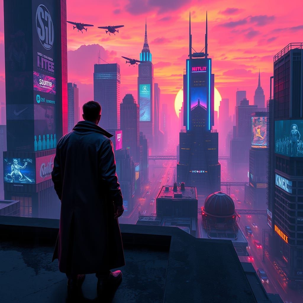 Futuristic City Sunset: Cyberpunk Rooftop View