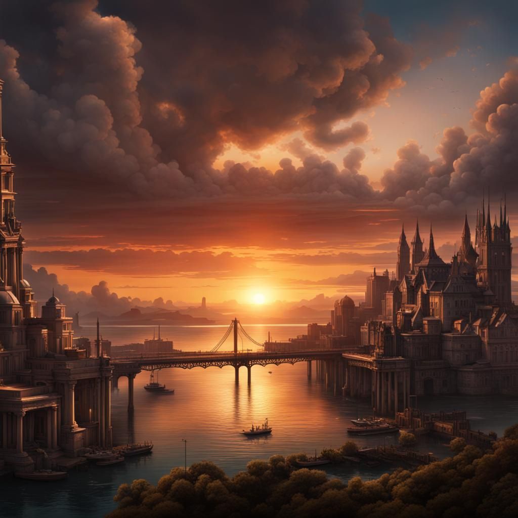 Epic Sunset Over Bay: Digital Matte Painting