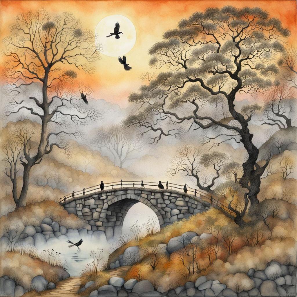 Winter Landscape with Magpies: Watercolour and Ink