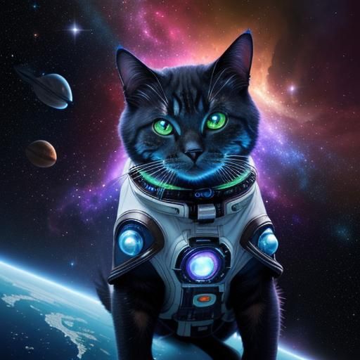 Cat in Space with Nebula in Neon-Lit Style
