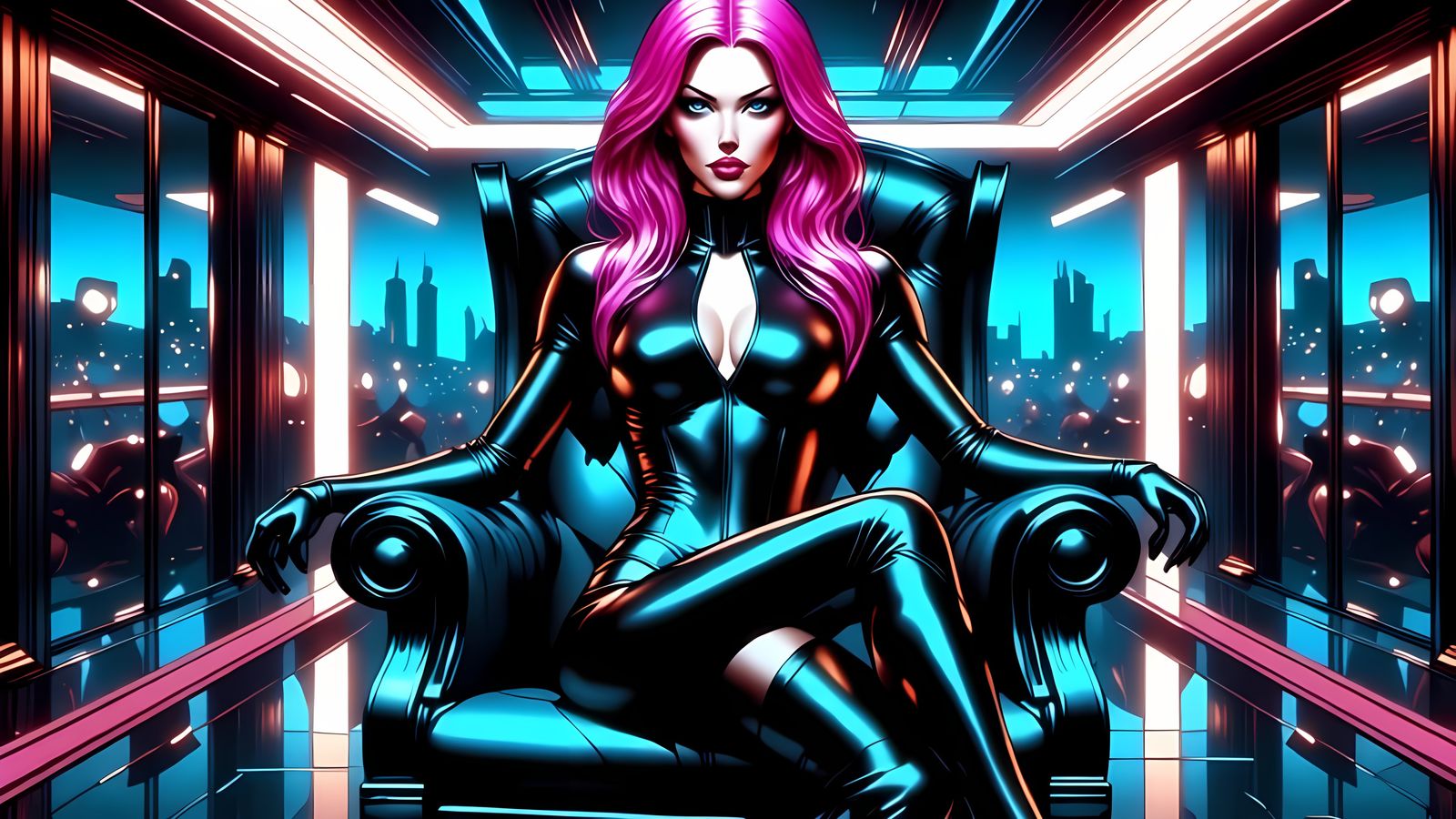 Cyberpunk Queen on Throne in Penthouse Suite