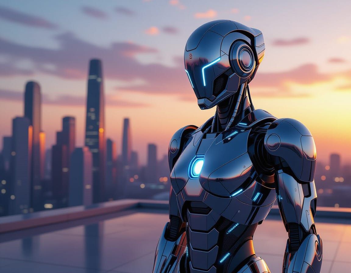 Futuristic Robot in Modern Cityscape, 3D Render