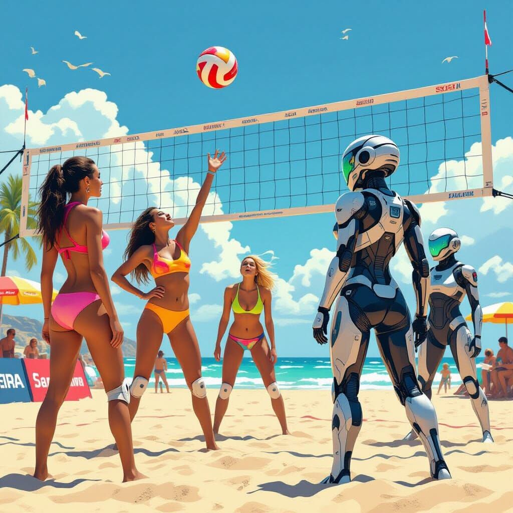 Volleyball Players Versus Cyborgs on Futuristic Beach