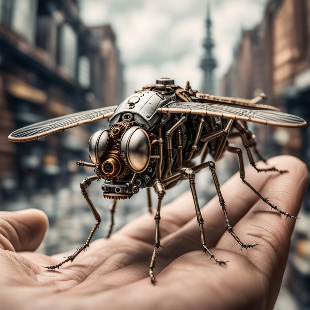 Steampunk Mosquito in Hand: Solarpunk Dieselpunk Art