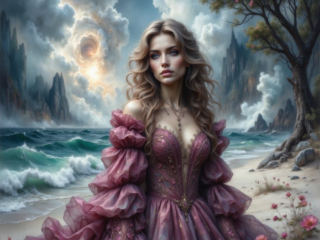 Bride in Rose Petal Dress on Stormy Beach