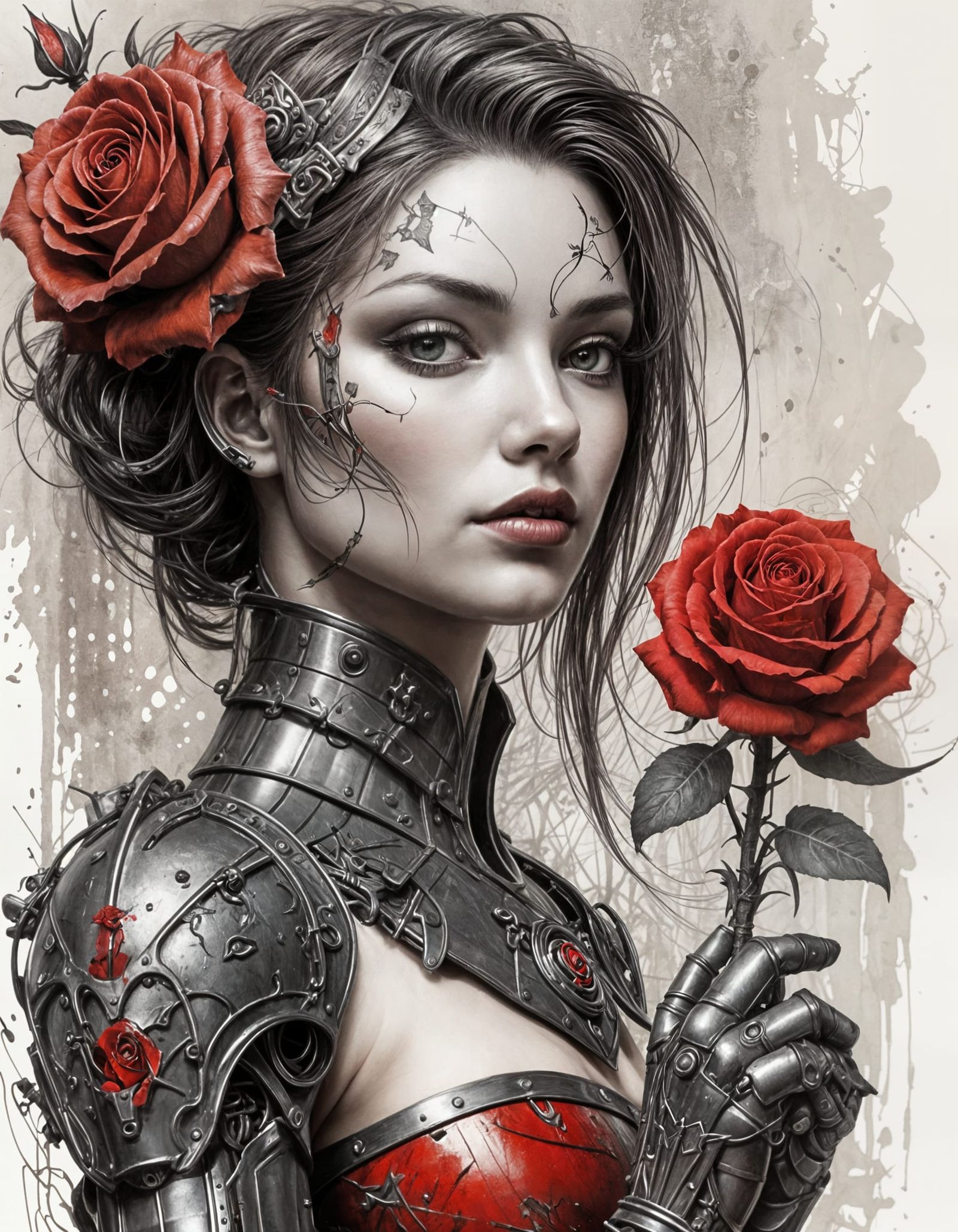 Cyborg Woman with Rose: Ink and Charcoal Sketch