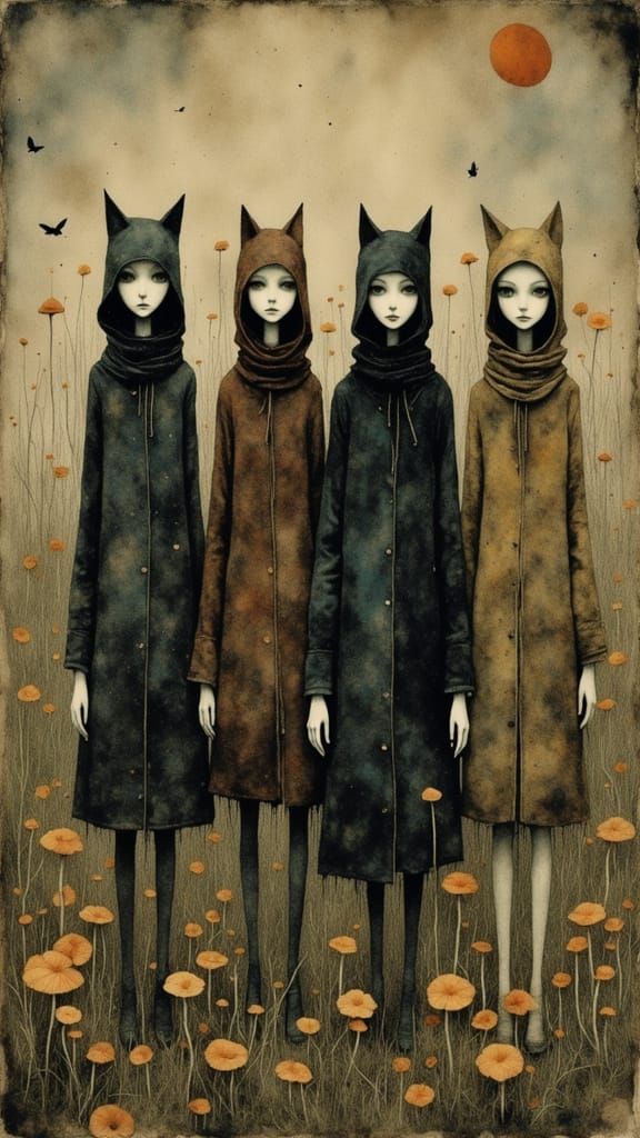 Surreal Psychedelic Mushroom Field with Velvet-Clad Figures