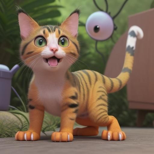 Happy Calico Cat with Lizard, Pixar Style