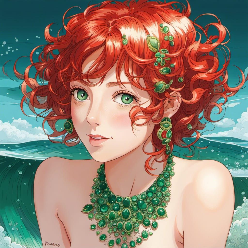 Anime Portrait: Red-Haired Woman by the Ocean