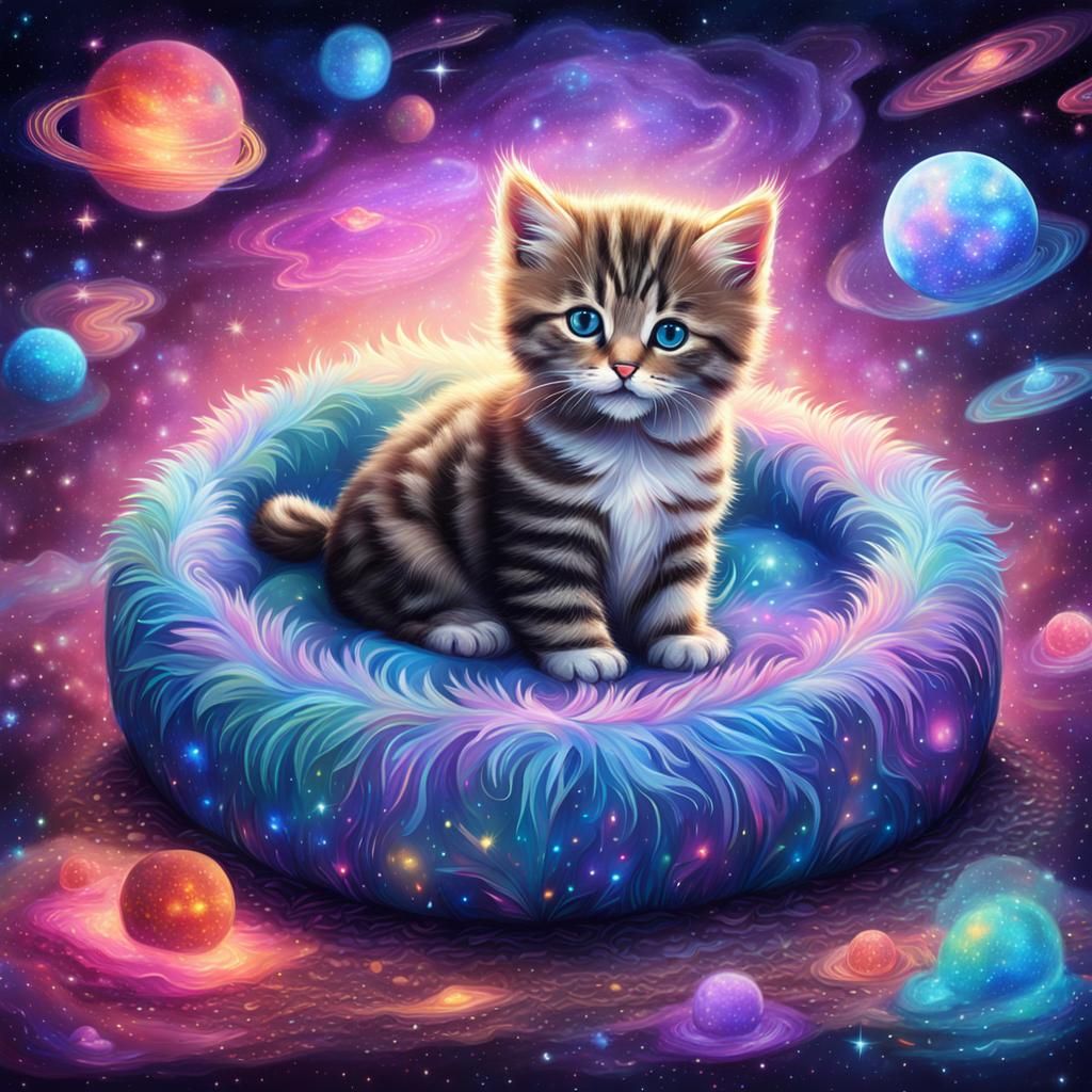 Kitten in Cat Bed: Holographic Astral Illustration