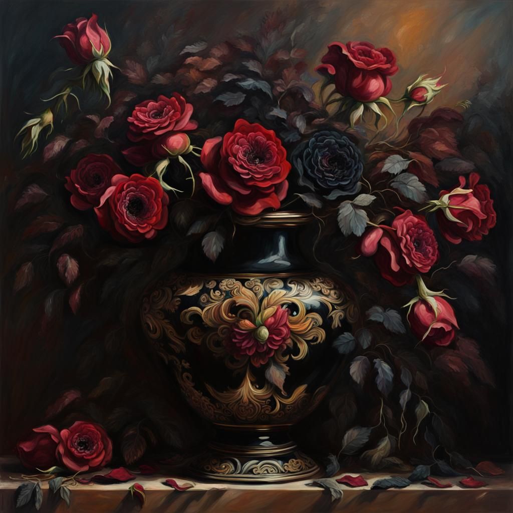 Dramatic Painting of Black Baccara Roses