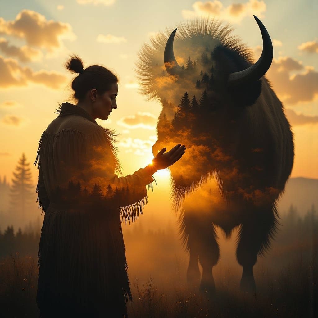 Ethereal Double Exposure of Native American Elder and Bison ...